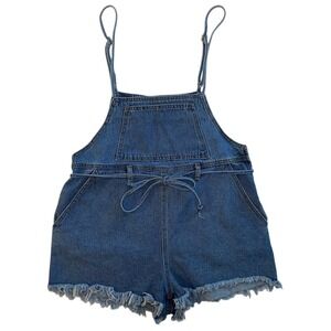 Forever 21 Women's Jean Denim Overall Shorts Romper Size Large Tie Waist Raw Hem